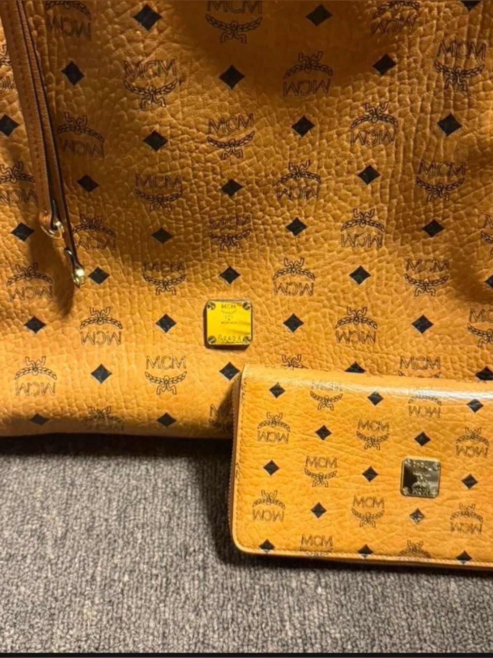 MCM Cognac/Black Logo-Print Leather Tote with Matching Wallet